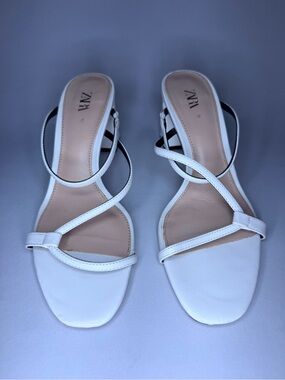 ZARA White Strappy Square-Toe Slide Sandals